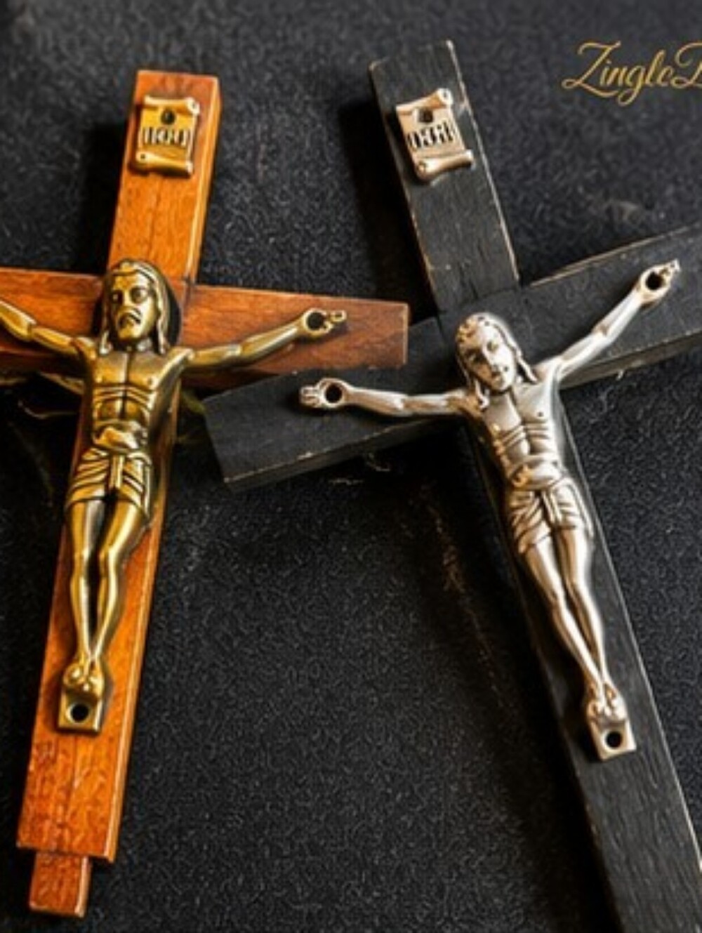 Pair Vintage Wooden Wall Crucifixes Catholic Christian INRI Crosses Mid-Century - Picture 3 of 13
